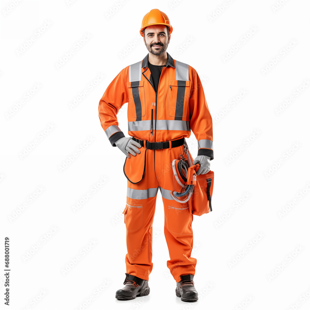 Full length portrait of a smiling electrician engineer. Worker safety uniform man isolated on.
