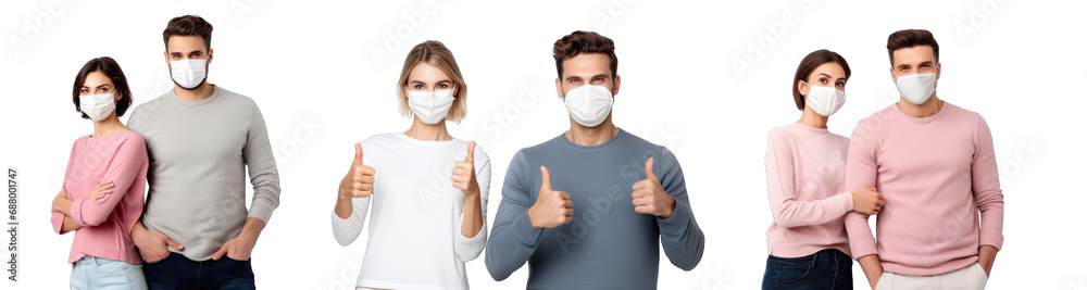 Collection of PNG. Man and woman wear mask isolated on a transparent background.