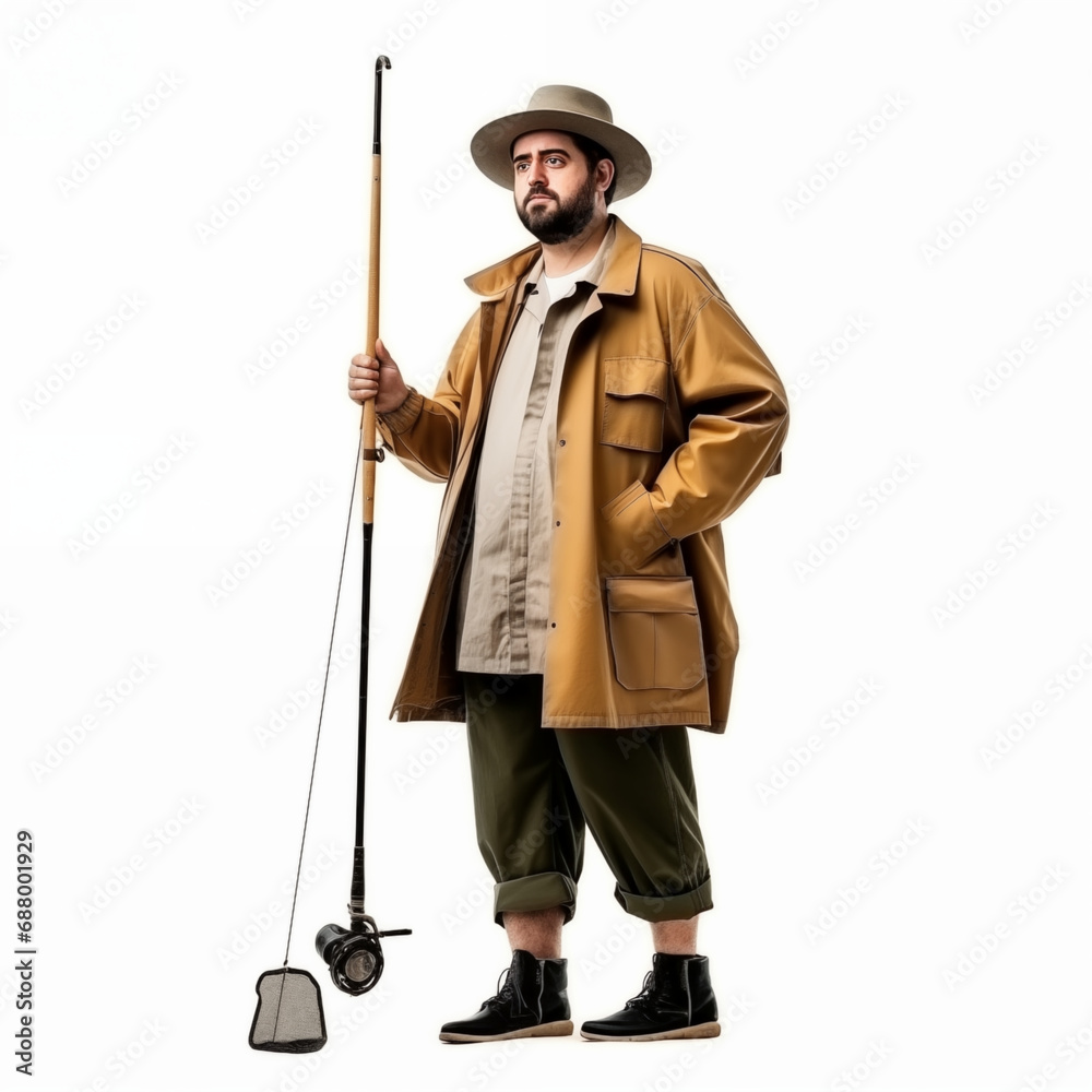 Full length portrait of a fisherman in a uniform and rubber boots isolated on white Full length portrait of a fisherman in a uniform and rubber boots isolated on white