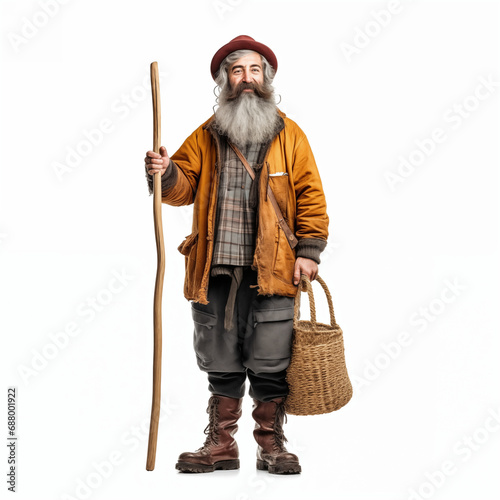 Full length portrait of a fisherman in a uniform and rubber boots isolated on white photo