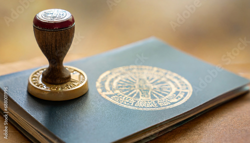 Official passport visas stamps on sepia textured, vintage travel background. photo