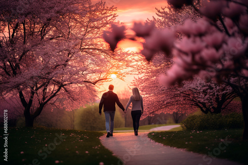 In a park illuminated by the warm hues of sunset, two lovers walk along a path holding hands. There are thin pink clouds in the sky. Spring flowers are blooming all around.