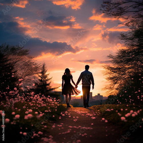 In a park illuminated by the warm hues of sunset, two lovers walk along a path holding hands. There are thin pink clouds in the sky. Spring flowers are blooming all around.