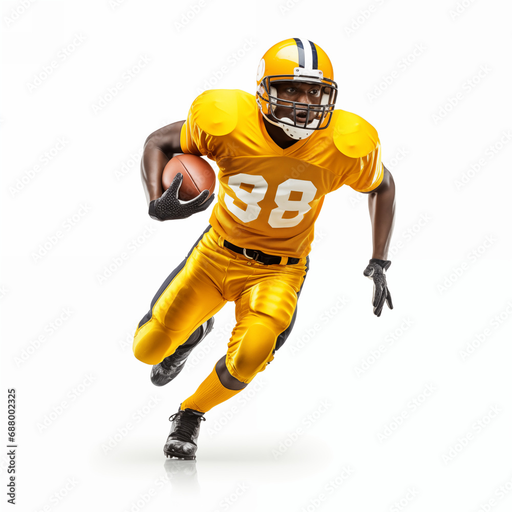 Professional american football player training. Portrait of young man, throwing ball isolated over white background.
