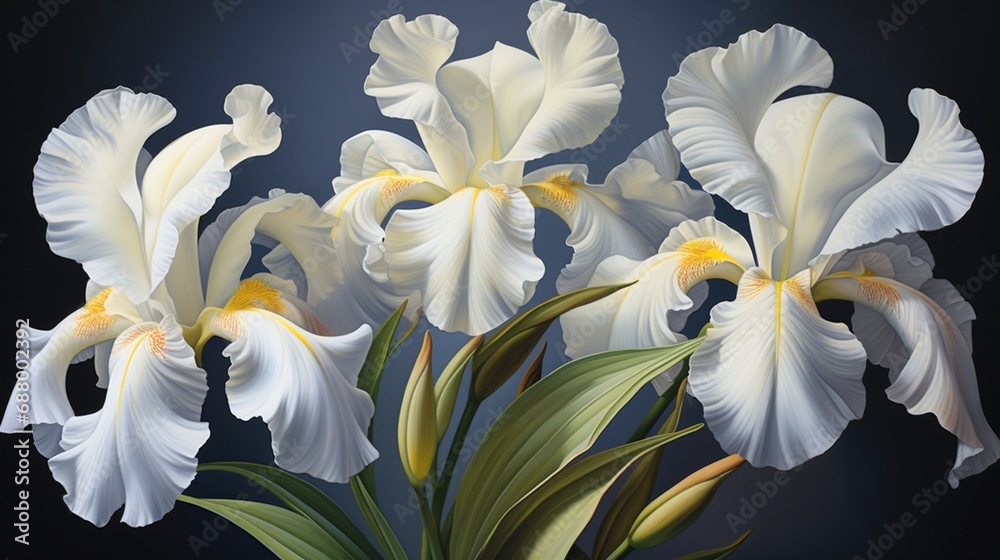 a cluster of iris blooms, with their elegant and sword-like leaves, adorns a white canvas,