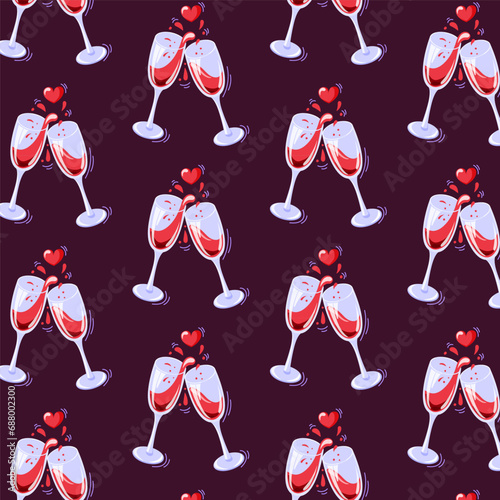 Wine glasses seamless pattern in cartoon style. Vector illustration with clinking glasses and hearts. Background with glasses for textiles, wrapping paper, print.