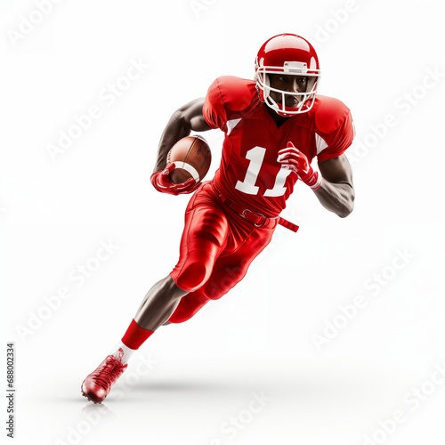 Professional american football player training. Portrait of young man, throwing ball isolated over white background.