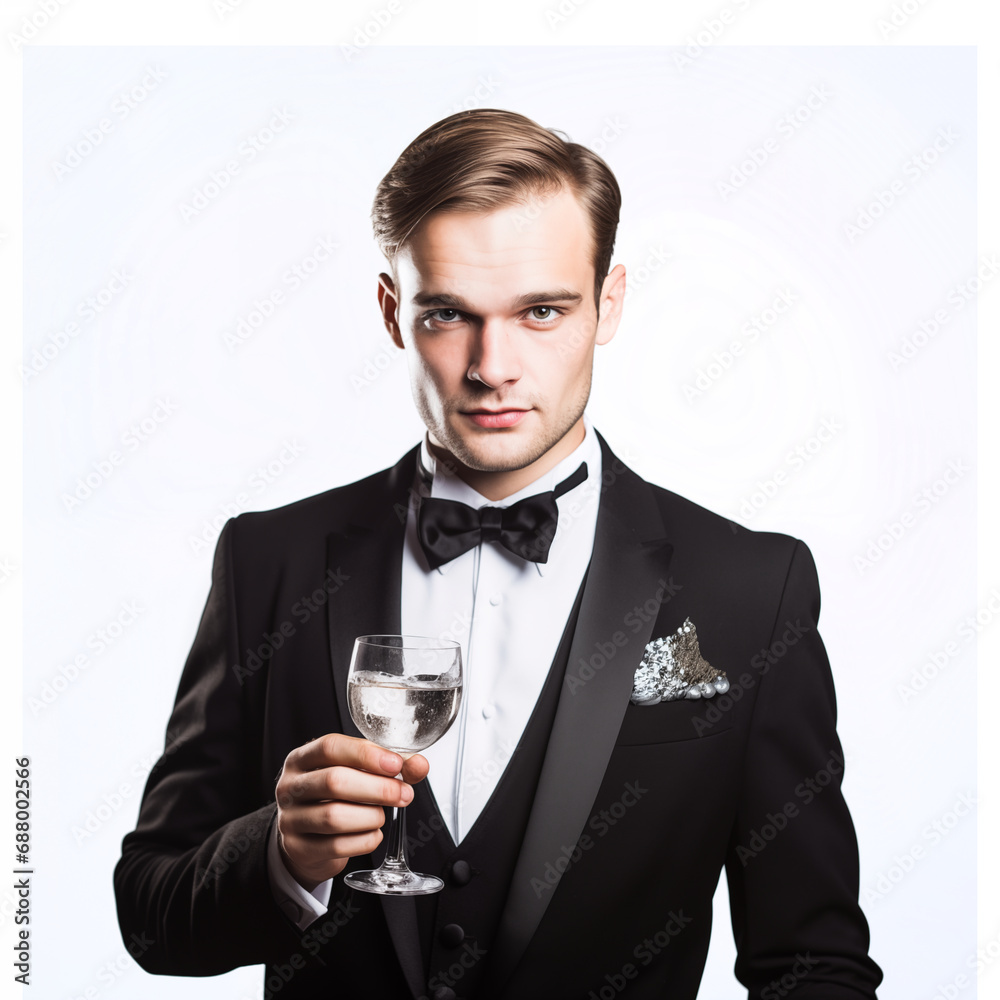 Half body young smiling barista male waiter butler man wear elegant uniform work at cafe isolated on white background. Half body young smiling barista male waiter butler man wear elegant uniform work at cafe isolated on white background.