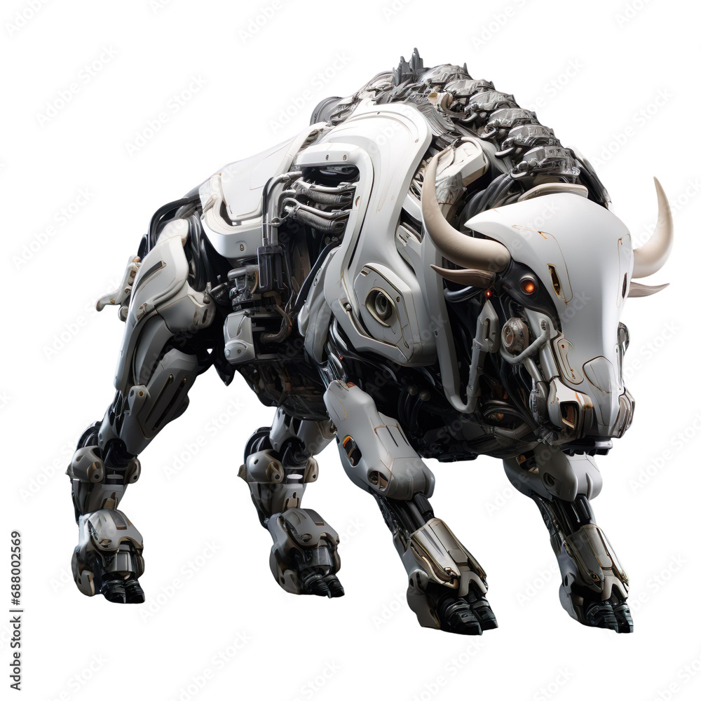 angled view of white robotic animal Bison isolated on a white transparent background 