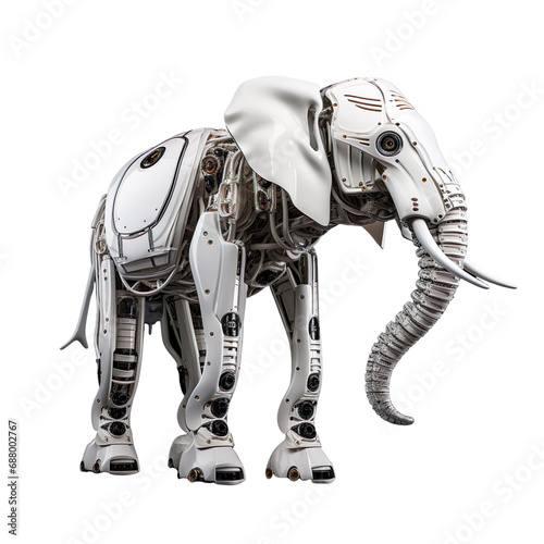 angled view of white robotic animal Elephant isolated on a white transparent background 