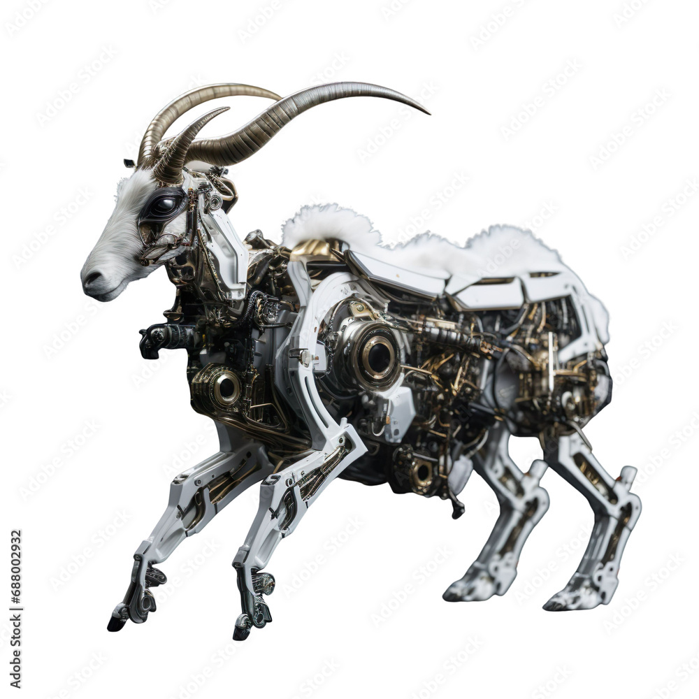 angled view of white robotic animal Ibex isolated on a white transparent background angled view of white robotic animal Ibex isolated on a white transparent background
