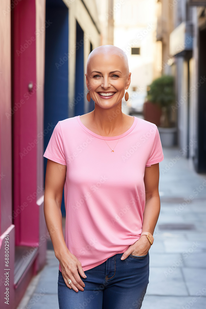 bald middle aged woman dressed in a pink t-shirt and jeans breast cancer awareness day, Generative AI