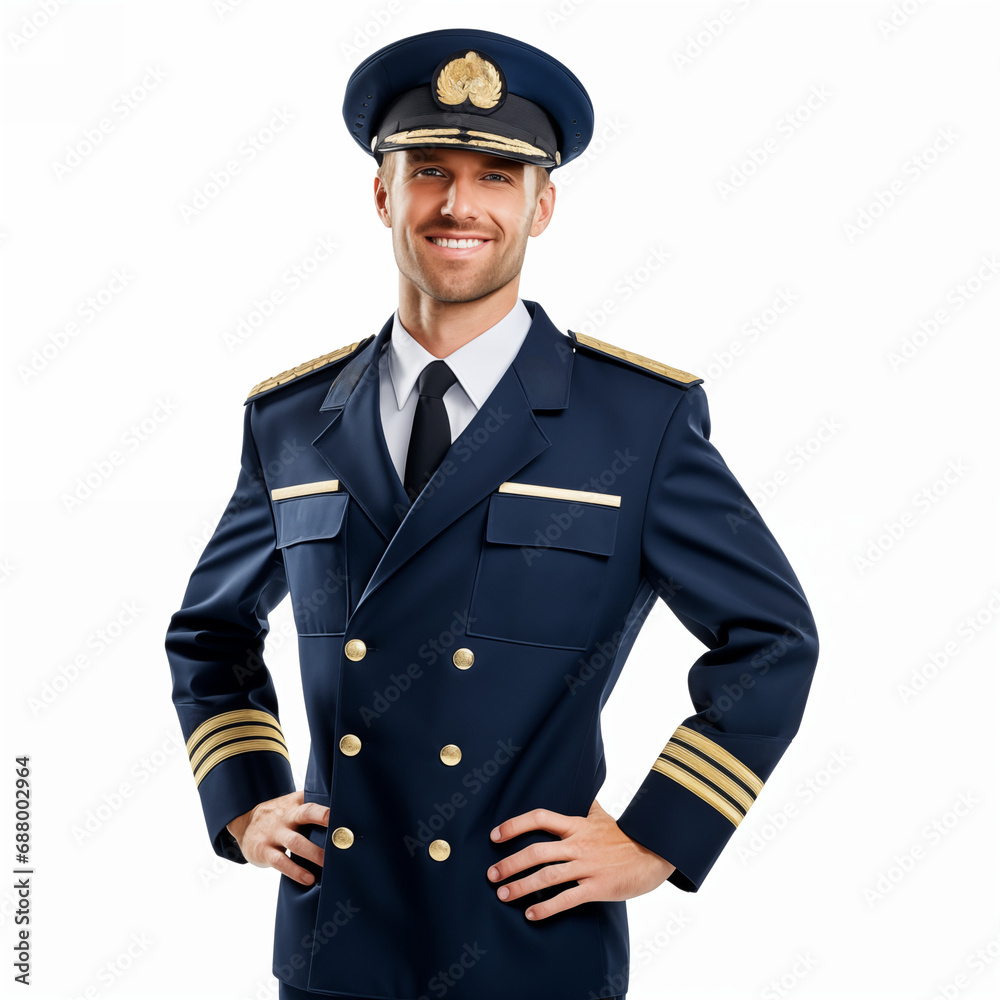 Half body of stylish male aviator in uniform standing on white background isolated