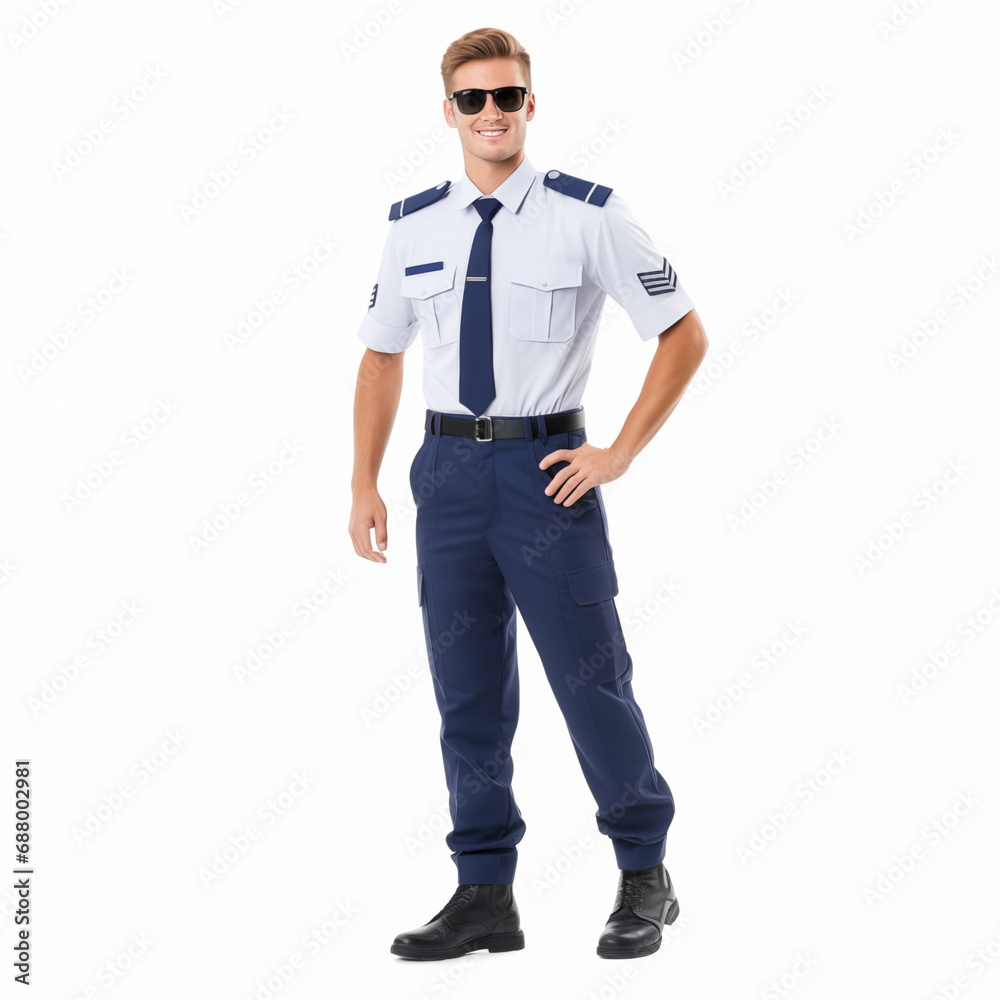 Full body of stylish male aviator in uniform standing on white background isolated Full body of stylish male aviator in uniform standing on white background isolated