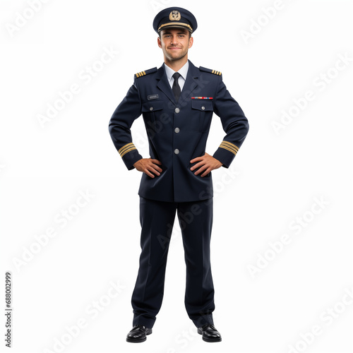 Full body of stylish male aviator in uniform standing on white background isolated