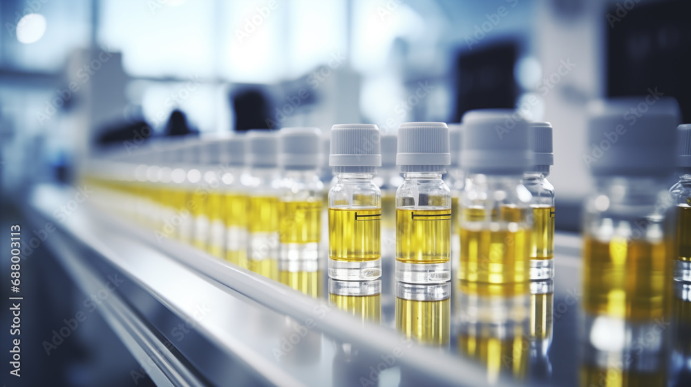 Medical bottles with yellow medicine on a production line at pharmaceutical factory close up Medical bottles with yellow medicine on a production line at pharmaceutical factory close up