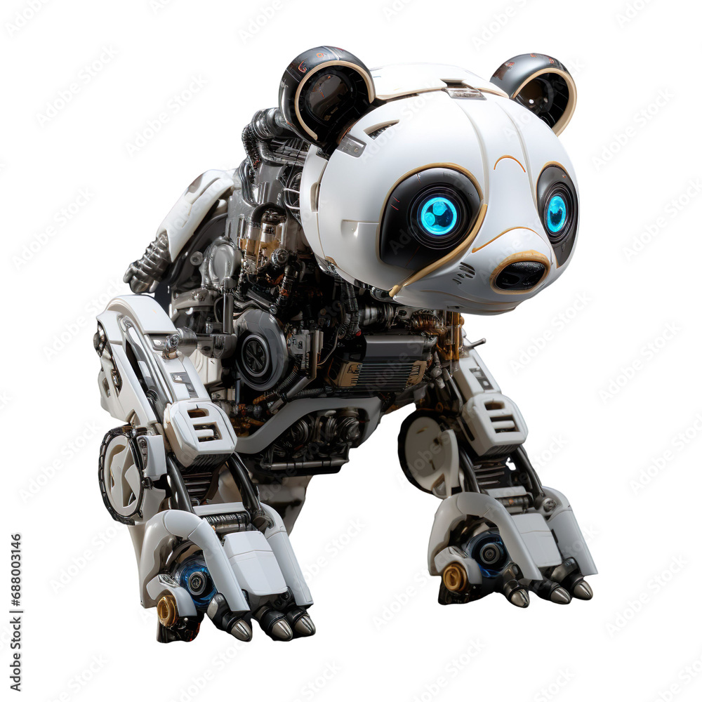 angled view of white robotic animal Panda isolated on a white transparent background angled view of white robotic animal Panda isolated on a white transparent background