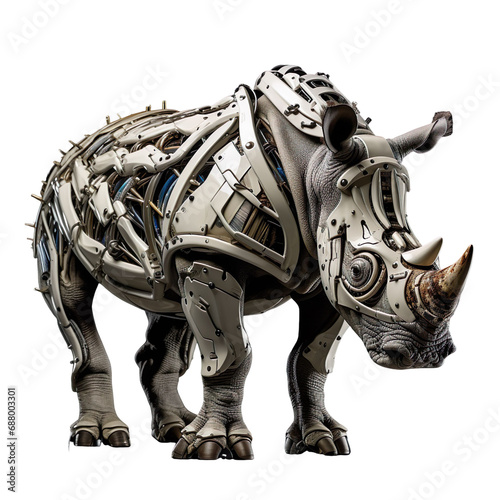 angled view of white robotic animal Rhinoceros isolated on a white transparent background 