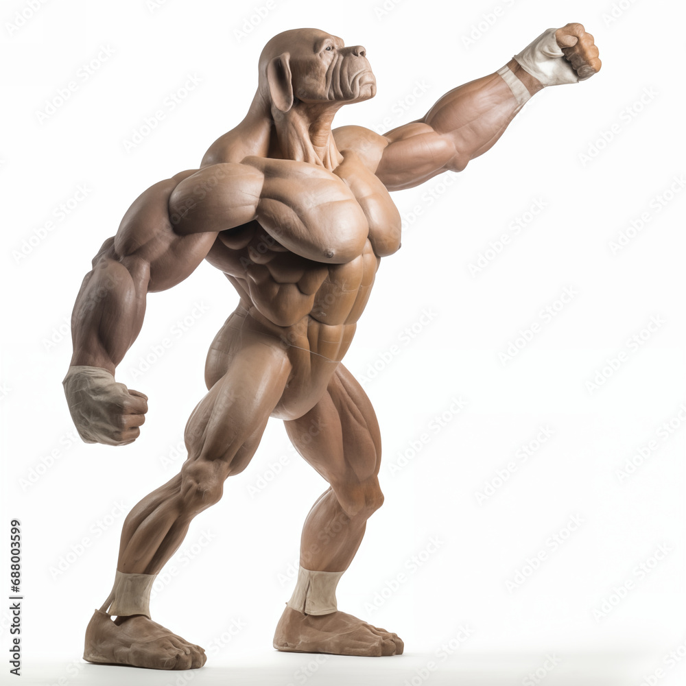 Fototapeta premium Full length portrait of young boxer making punch isolated on white