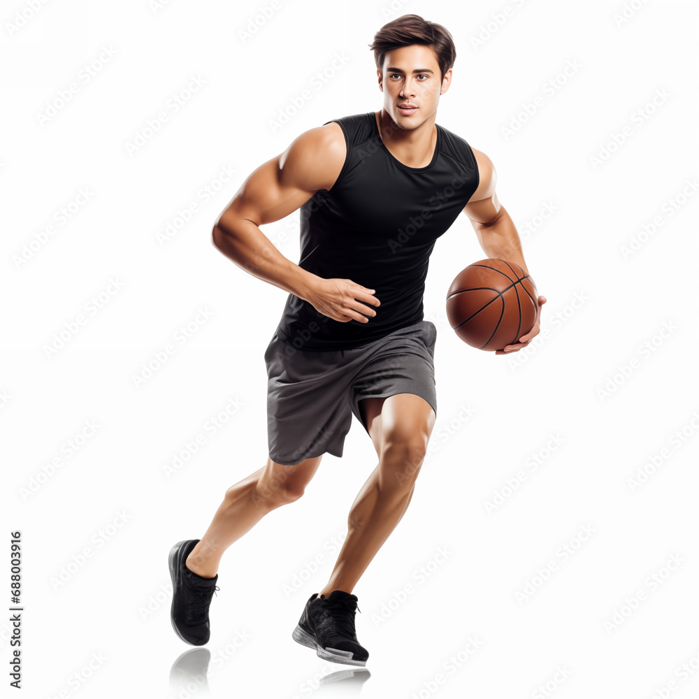 Full length portrait of a female basketball player leading a ball isolated on white background