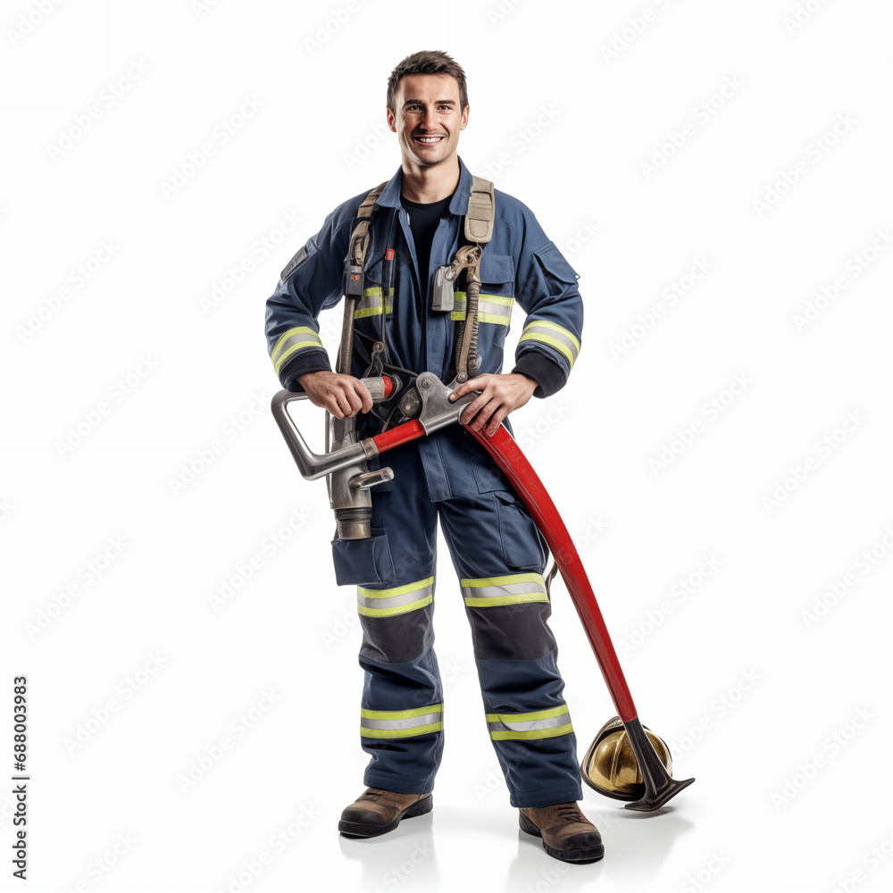 Firefighter isolated on white background. The full body of a smiling caucasian man in a fireproof uniform. Firefighter isolated on white background. The full body of a smiling caucasian man in a fireproof uniform.