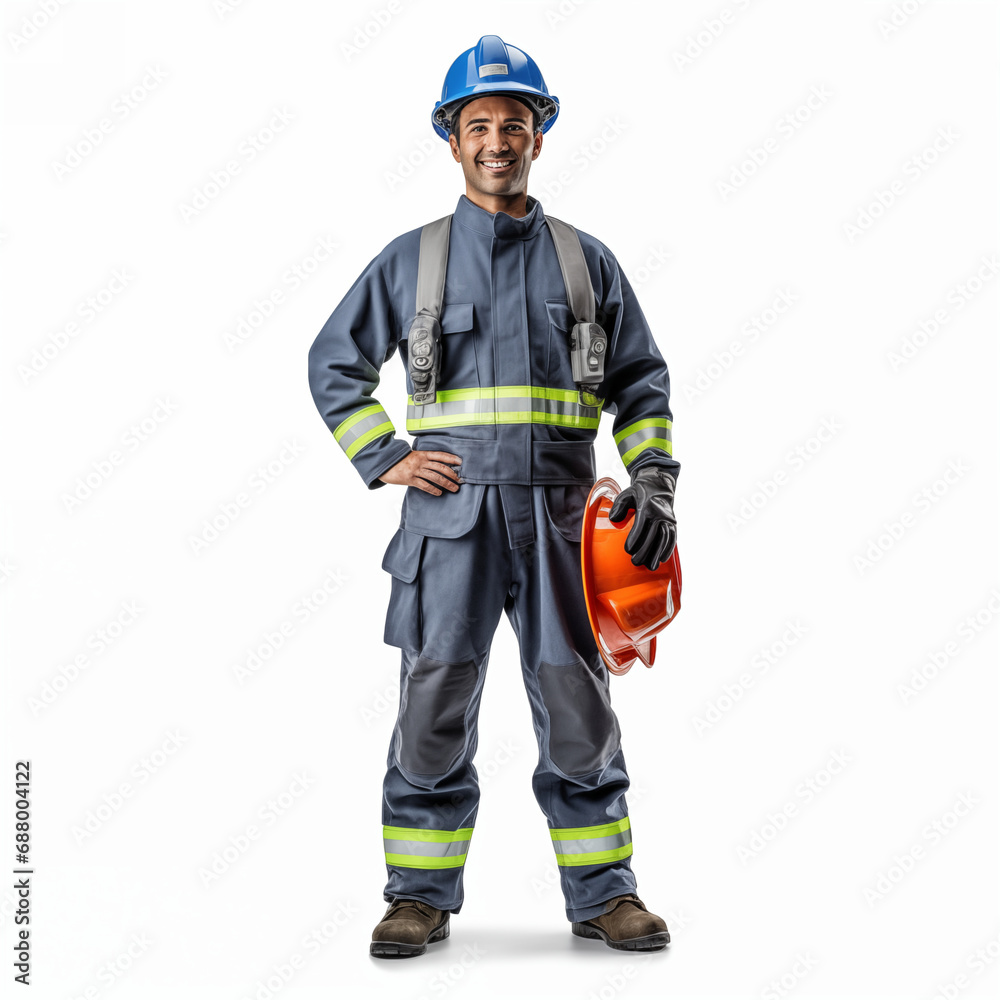 Firefighter isolated on white background. The full body of a smiling caucasian man in a fireproof uniform. Firefighter isolated on white background. The full body of a smiling caucasian man in a fireproof uniform.