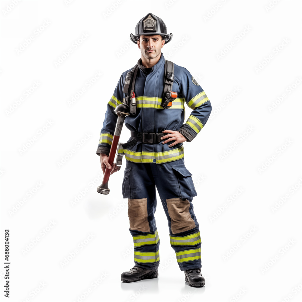 Firefighter isolated on white background. The full body of a smiling caucasian man in a fireproof uniform. Firefighter isolated on white background. The full body of a smiling caucasian man in a fireproof uniform.