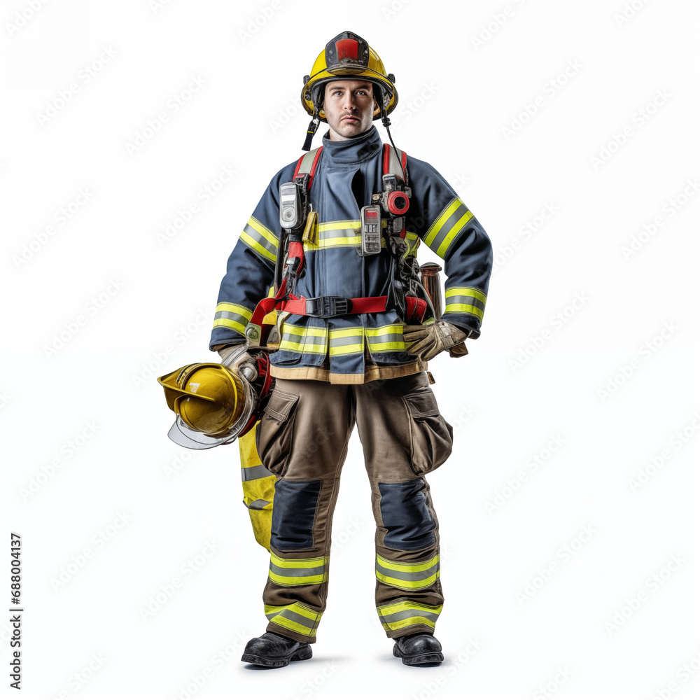 Firefighter isolated on white background. The full body of a smiling caucasian man in a fireproof uniform. Firefighter isolated on white background. The full body of a smiling caucasian man in a fireproof uniform.
