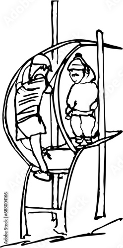 Children play on children's playground equipment. A specially equipped place necessary for physical training, designed to create conditions for children that facilitate play

