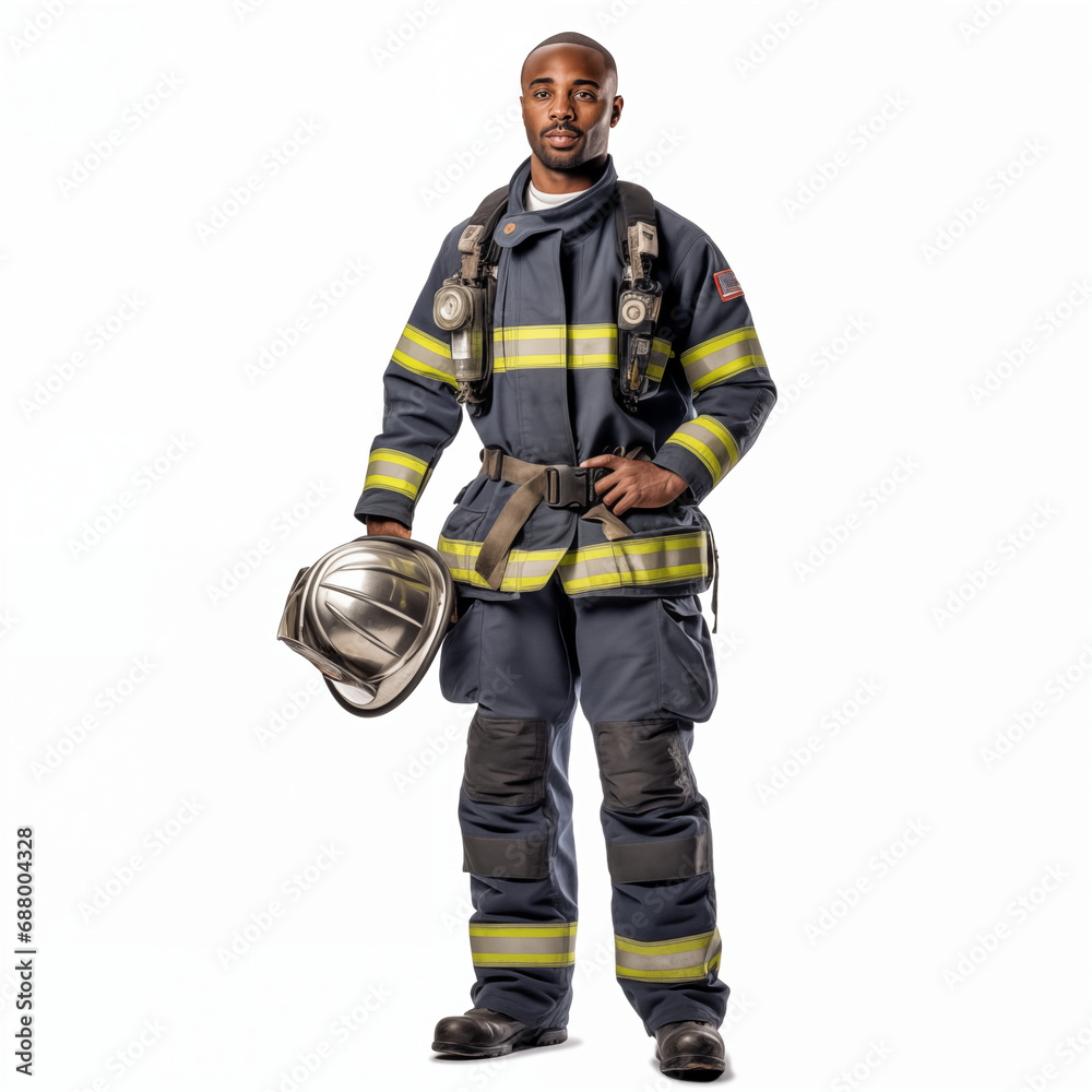 Firefighter isolated on white background. The full body of a smiling African American man in a fireproof uniform. Firefighter isolated on white background. The full body of a smiling African American man in a fireproof uniform.