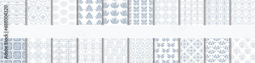 Collection of seamless ornamental vector patterns and swatches. White and grey geometric oriental backgrounds.