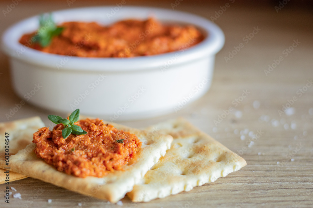 Vegan sausage dip, spanish sobrasada made of cashew nuts and sun-dried tomatoes. Vegan food concept. Vegan sausage dip, spanish sobrasada made of cashew nuts and sun-dried tomatoes. Vegan food concept.