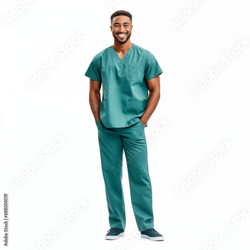 Portrait of male african american doctor full length looking at camera isolated on white