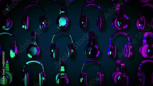 Multiple modern gaming headsets are flying in the dark background. Neon gaming headsets are rotating in the dim background. Gaming headsets are spinning in the black background. 3D Animation photo