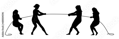 Woman  team pulling a rope in tug of war silhouette, concept of compete, teamwork, Teams Playing Tug Of War