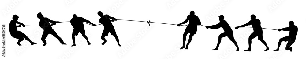 Man  team pulling a rope in tug of war silhouette, concept of compete, teamwork, Teams Playing Tug Of War - obrazy, fototapety, plakaty 
