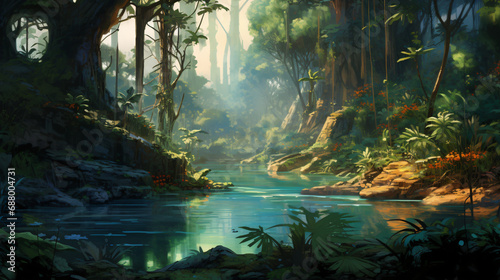 A painting of a jungle scene