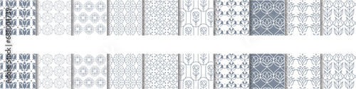 Collection of seamless ornamental vector patterns and swatches. White and grey geometric oriental backgrounds.