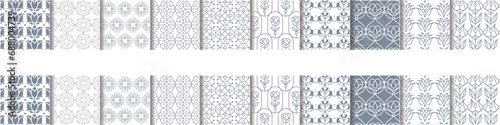 Collection of seamless ornamental vector patterns and swatches. White and grey geometric oriental backgrounds.