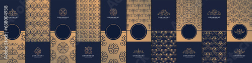 Collection of design elements,labels,icon,frames,for packaging,design of luxury products.for perfume,soap,wine,lotion.Made with golden foil.Isolated on dark and gold background.vector illustration