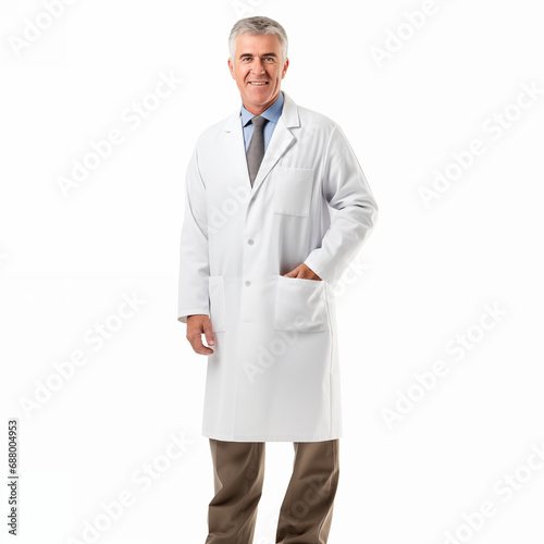 Portrait of caucasian male doctor half length looking at camera isolated on white