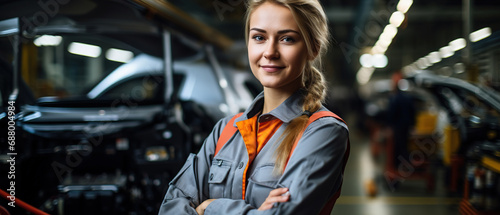 Female engineer worker in automotive factory, with blurred car manufacturing process, assembly line production, woman technician at conveyor, auto industry technology in the background photo
