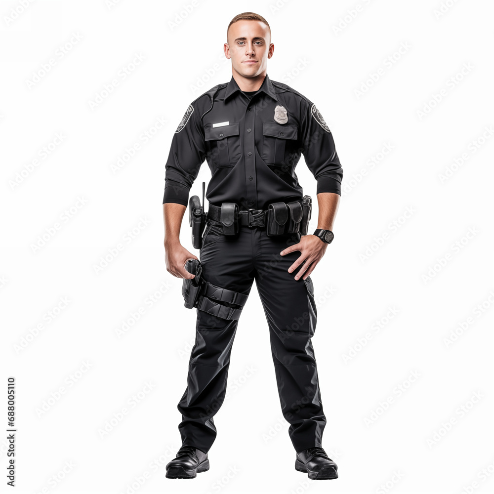 Full length Cop man in security guard posing isolated on white. Full length Cop man in security guard posing isolated on white.