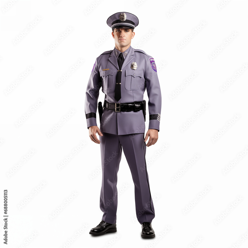 Full length Cop man in security guard posing isolated on white. Full length Cop man in security guard posing isolated on white.