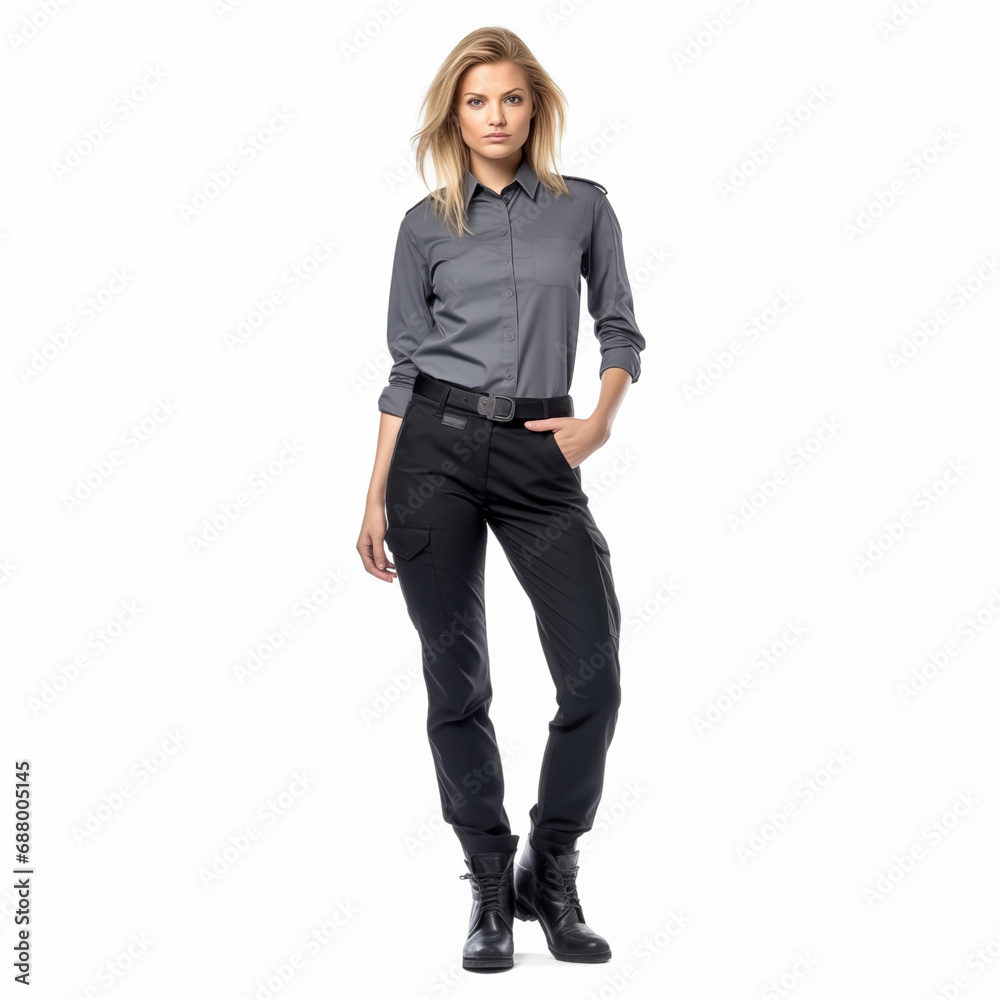 Full length Cop woman in security guard posing isolated on white. Full length Cop woman in security guard posing isolated on white.