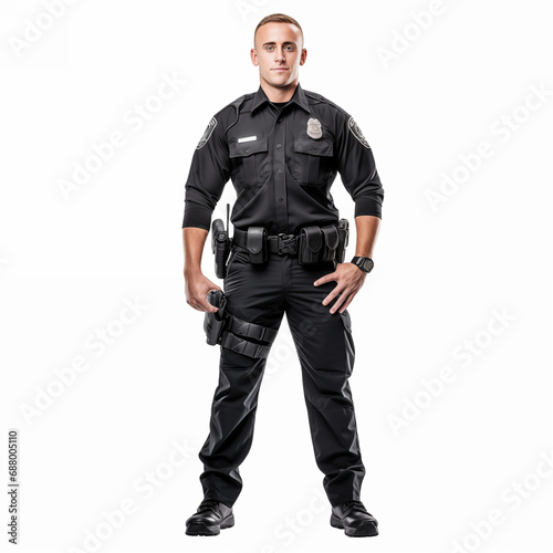 Full length Cop man in security guard posing isolated on white.