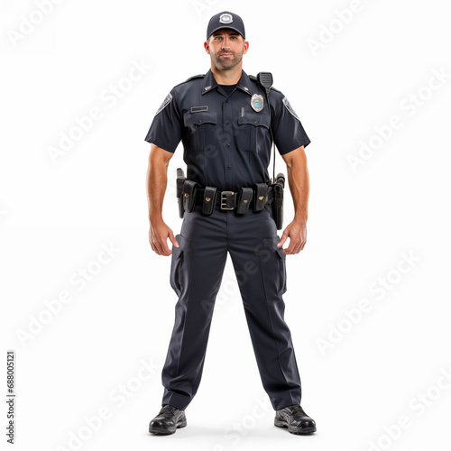 Full length Cop man in security guard posing isolated on white.