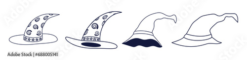 Set of magic hats. Vector outline illustration.