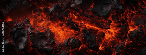Intense close-up of lava flow and charcoal fire. photo
