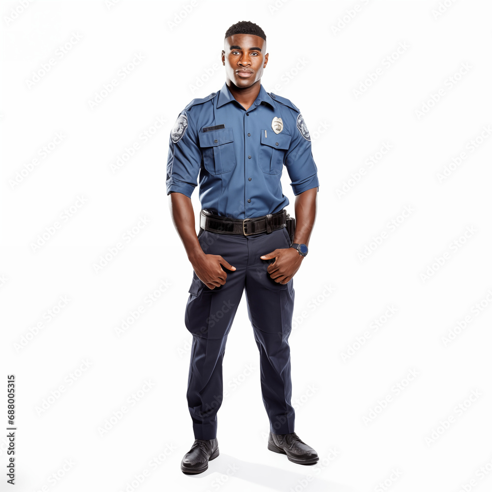 Full length Cop man in security guard posing isolated on white. Full length Cop man in security guard posing isolated on white.